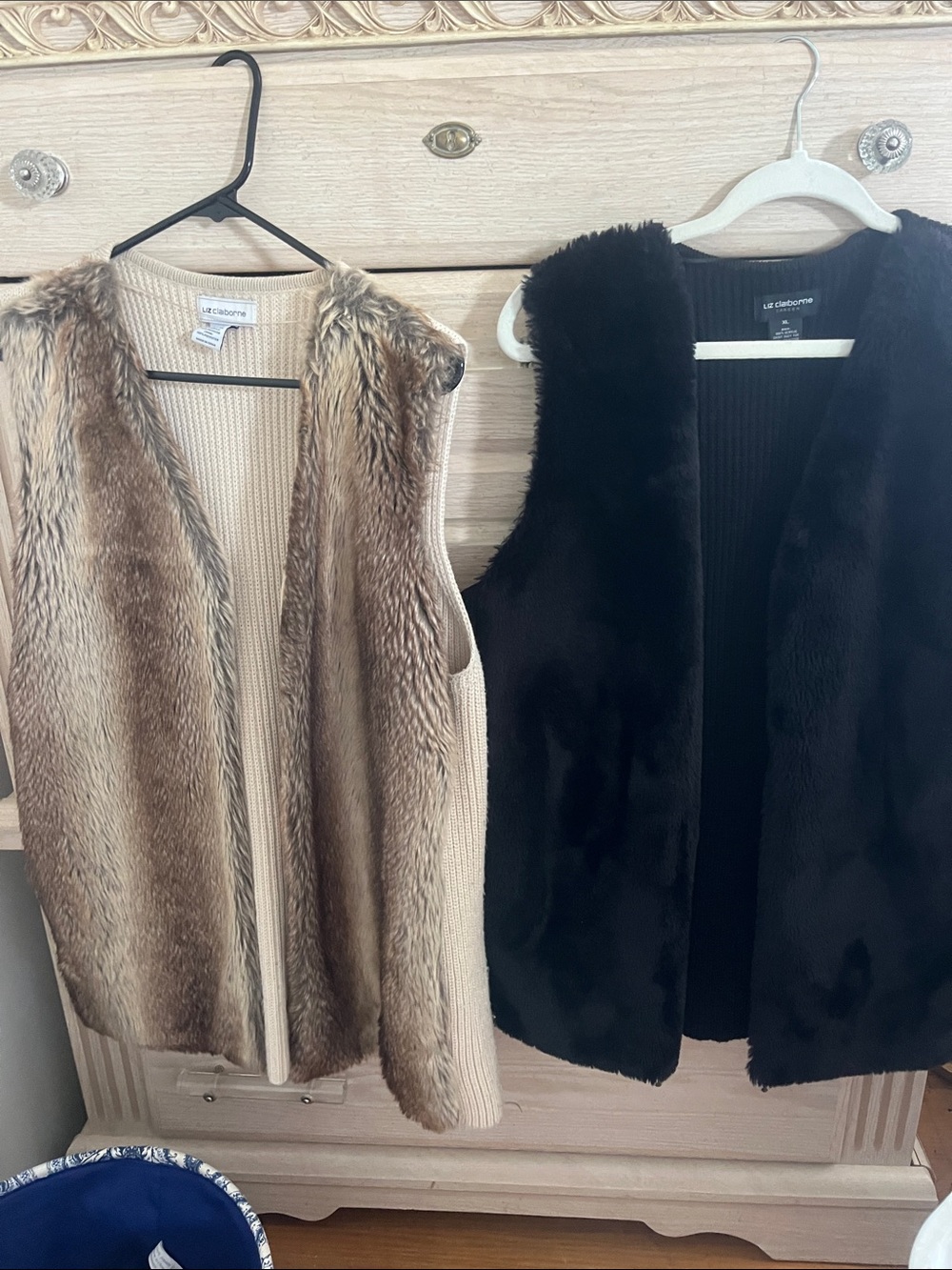(2) Liz Claiborne Faux Fur Vests in Black and Beige